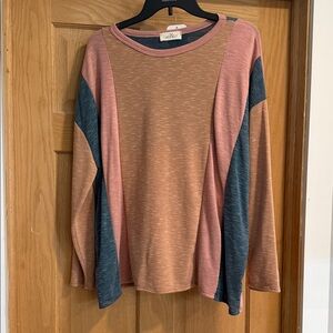 JoyCreek Colorblock Long Sleeve Tee in Dusty Rose, Camel & Slate